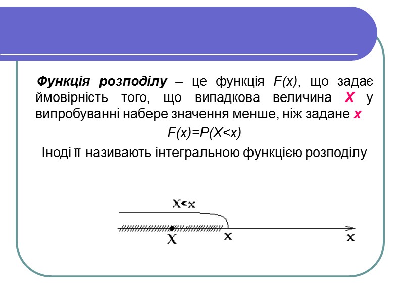 Функція розподілу – це функція F(x), що задає ймовірність того, що випадкова величина X